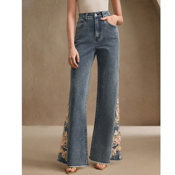 Boho Dark Wash Floral Embroidered Wide Leg Denim Jeans - Picture 3 of 6